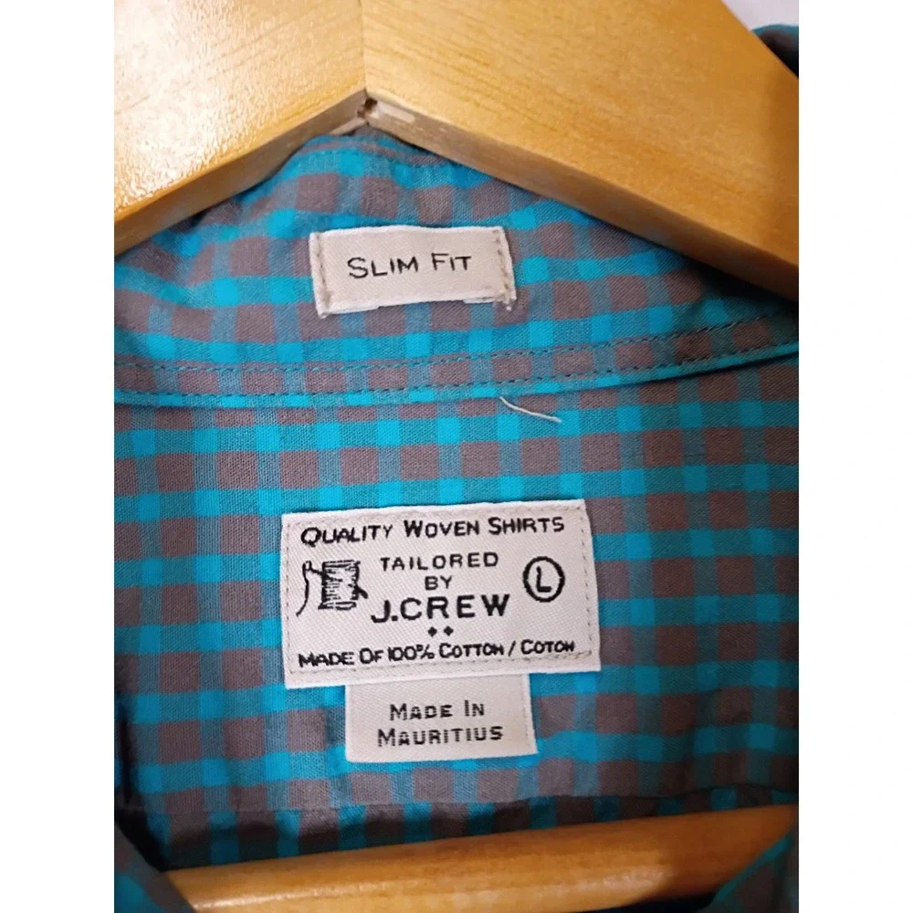 Preppy J.Crew Mens Large Teal Micro-Check Slim Fit Cotton Button Down Shirt